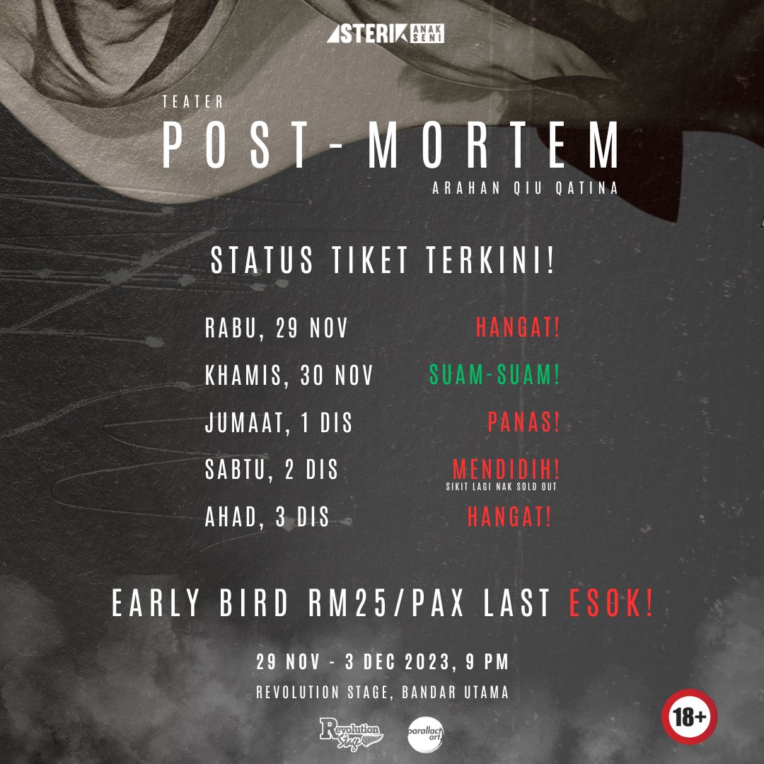 AsterikAnakSeni's tweet image. Esok dah last promotion Early Bird! Lepastu seating for Sabtu dah almost FULL! Cepat jom beli tiket!

Whatsapp: wa.link/mvvcb3