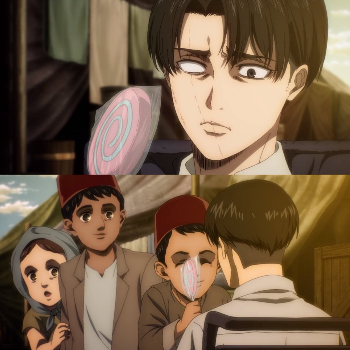 muliafcadie's tweet photo. Levi giving candies to children in wheelchair and finally living the rest of his life in peace after all he's been through...IM SO HAPPY FOR HIM  THANK YOU ISAYAMA❤️‍🩹 #AttackOnTitan #shingeki https://t.co/cd8OLAl5RE