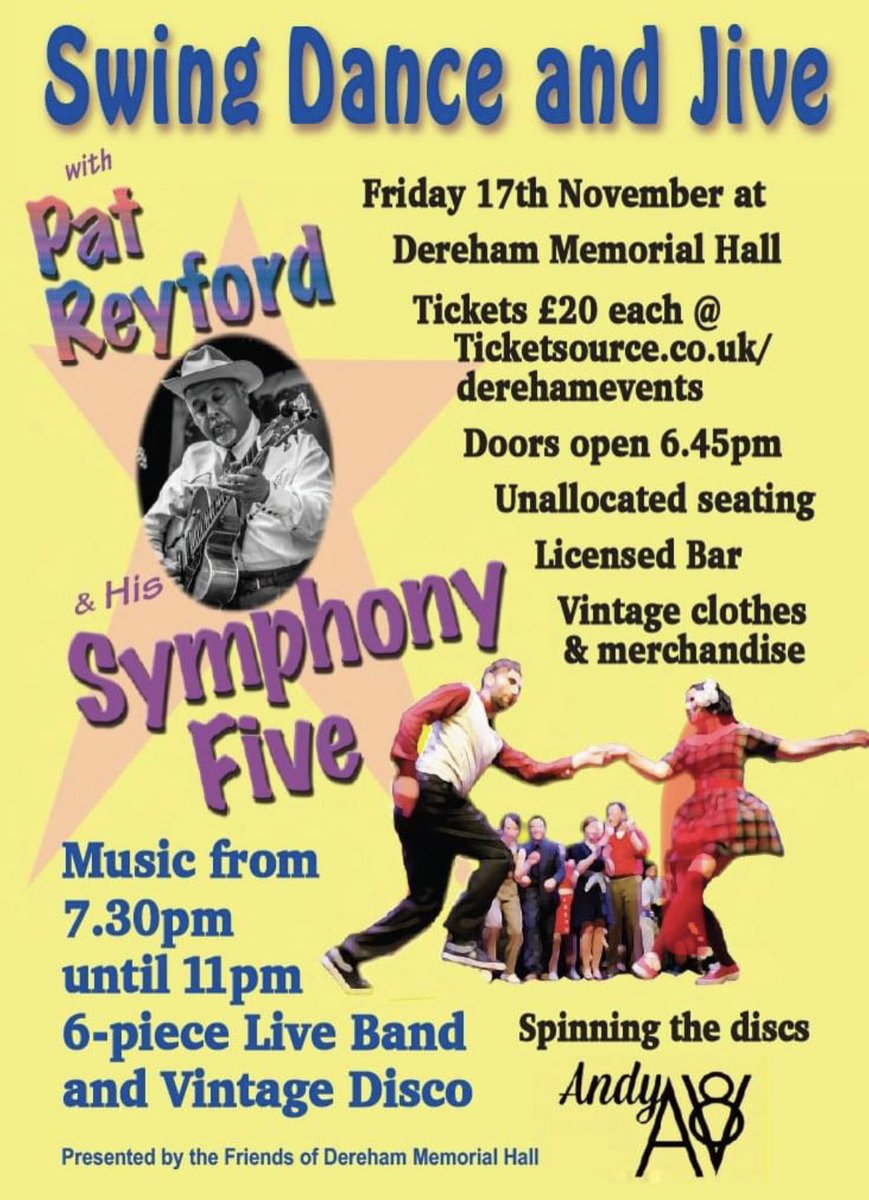 Calling all swing dancers and music lovers  – just under two weeks to get your tickets for the Pat Reyford jump-jive band playing for dancing at Dereham Memorial Hall.