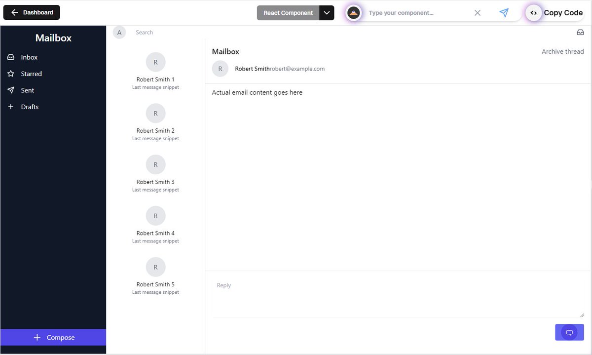 _YourReactDev_'s tweet photo. Prompt: A full page ui for users to create, view and manage emails
Result:
#uiux #uiuxdesign #reactjs #nextjs #webdevelopment #webdev https://t.co/9i9qbfSOvm