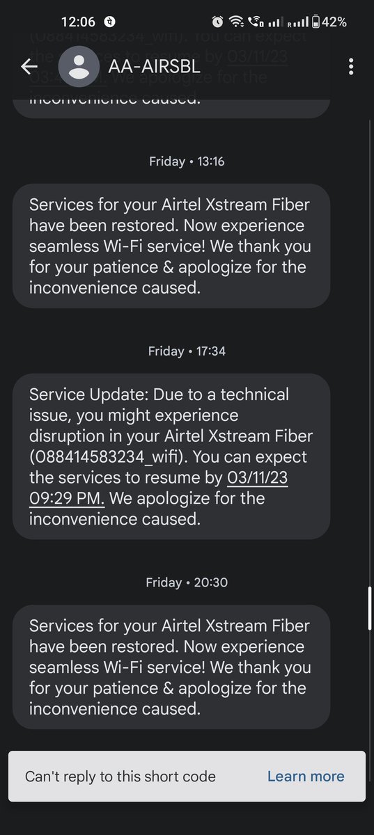 vinaysballa's tweet photo. @airtelindia  what's happening...such a pathetic service since everyday...this has been happening since past 4 months from first day of installation. Going Legal to claim for the loss I have been incurring for your network outages and you are charging me a full monthly pack. https://t.co/Aj7Dbr1gAt