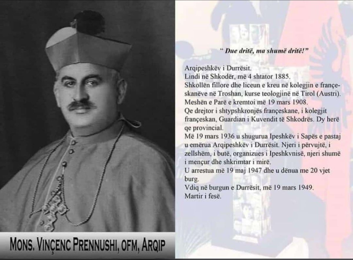 donarjan77's tweet photo. Sot kujtojmë të Lumin Vinçenc Prendushi me shokët martirë! Ju besojmë atyre vëndin dhe kombin tonë🇦🇱, të bindur që gjaku i tyre është farë për të krishterë të rinjë. Veçanërisht të lumit Vinçenc Prendushi, paraardhësit tim, i besojmë Metropolinë e madhe të Tiranë-Durrës!🙏 për ne https://t.co/f07GX5A3wy