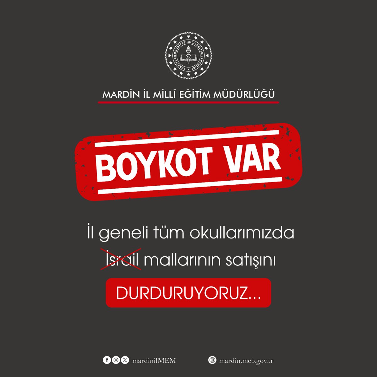 📣BOYKOT VAR.
Siyonist saldırıları başladığı andan itibaren  yardım kermesleri ile Filistin'e destek olan eğitim camiası olarak, siyonist işgalcileri finanse eden ürünlerin sosyal tesislerimizde ve kantinlerimizdeki satışını durduruyoruz.
<a href="/Yusuf__Tekin/">Yusuf Tekin</a>
<a href="/tuncay_akkoyun/">Tuncay Akkoyun</a>