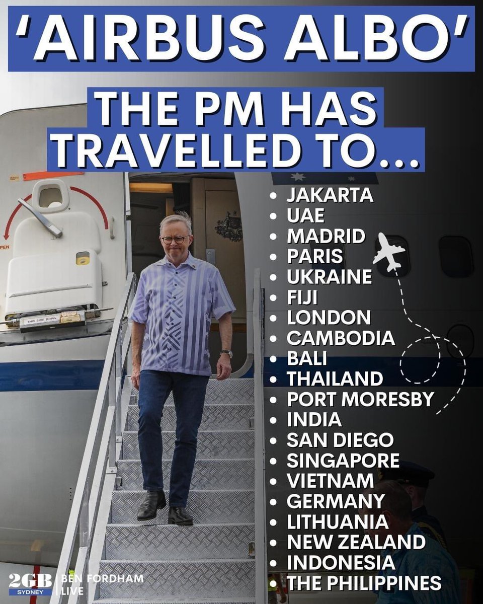 ARLisOverTheBS's tweet image. Here's why he's #AirbusAlbo. This week since landing from USA. 
SYD to BNE
BNE to SYD
SYD to MLB
MLB to SYD
SYD to BNE
BNE to DRW
And the #PartTimePM is now in China getting snubbed.
#LaborTrash