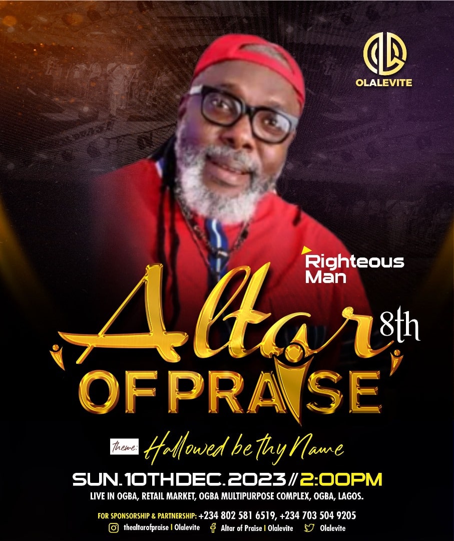 'Join @righteousmann with his energetic Raggae style of music for an unforgettable day of worship and praise at the ALTAR OF Praise 8th Edition! 🙌🎶  

I AM AN ALTAR, I OFFER SACRIFICE TO GOD!!.

#olalevit #altarofpraise #HallowedBeThyName #amanaltar #ioffersacrifice #amanaltar