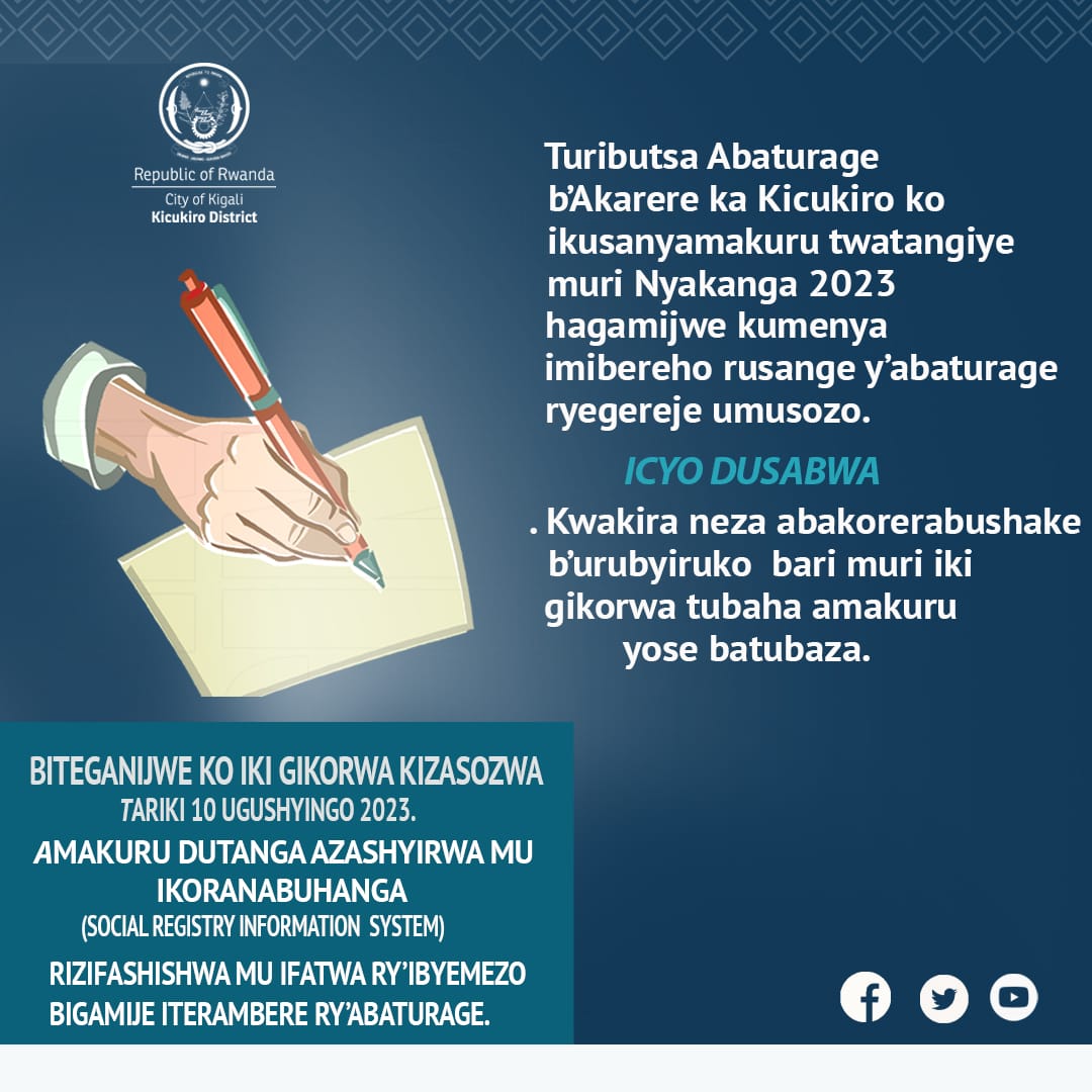 Mwaramutseneza, Turashishikariza abaturage b'Umurenge wa Gikondo kwitabira iyi gahunda twakira neza abakorerabushake badusanga mu ngo , tubahe amakuru yose batubaza kugira ngo yuzuzwe mu ikoranabuhanga ryabugenewe rizafasha ubuyobozi kumenya imibereho rusange y'ingo. Murakoze!