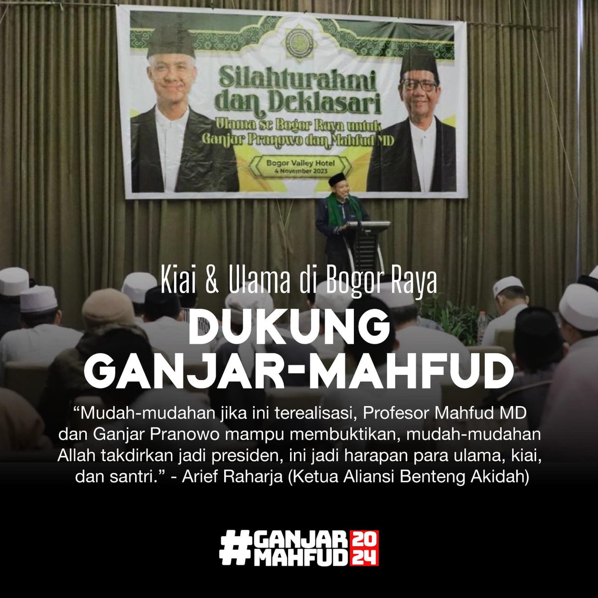 Dukungan untuk pasangan Capres-Cawapres 2024 Ganjar Pranowo dan Mahfud MD semakin menguat dan hadir dari berbagai elemen masyarakat di Tanah Air. 

Pada Sabtu (4/11/2023), dukungan resmi untuk Ganjar-Mahfud hadir dari “Ratusan Kiai dan Ulama se-Bogor Raya”

Hatur nuhun Jabar ❤️