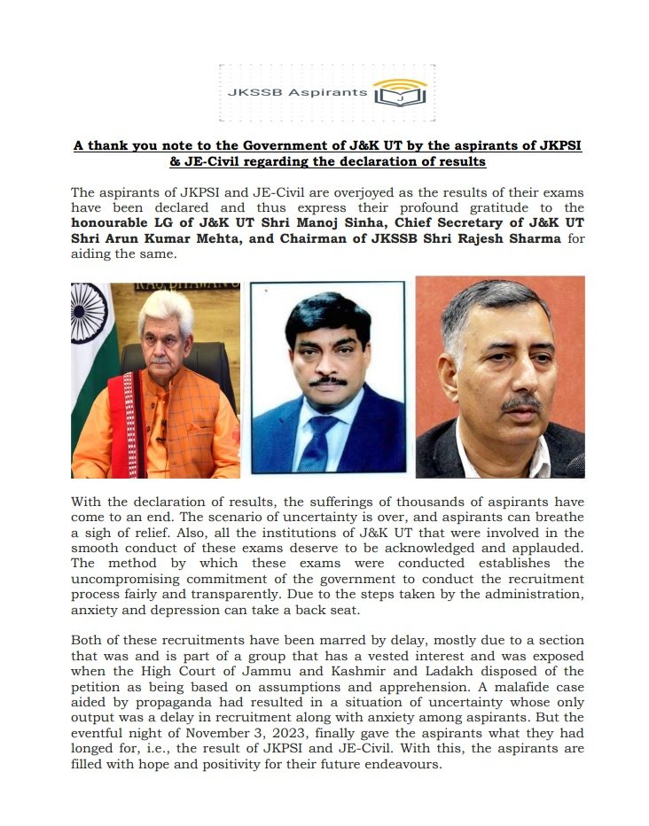 KNSKashmir's tweet photo. Thank you note to the Govt. of J&amp;K UT by the aspirants of JKPSI and JE Civil regarding the declaration of the results.
@OfficeOfLGJandK @ByYatishYadav @diprjk @manojsinha_ @DivComKash @JKPSC_News 
#KNS https://t.co/clhvQTBewf