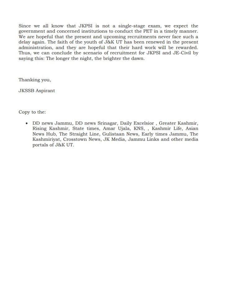 KNSKashmir's tweet photo. Thank you note to the Govt. of J&amp;K UT by the aspirants of JKPSI and JE Civil regarding the declaration of the results.
@OfficeOfLGJandK @ByYatishYadav @diprjk @manojsinha_ @DivComKash @JKPSC_News 
#KNS https://t.co/clhvQTBewf
