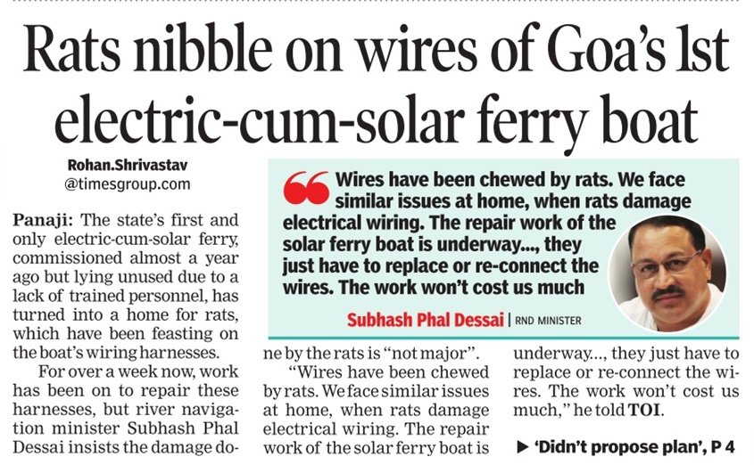 RajeshMenon70's tweet photo. A Rs 3.9cr boat, Goa's first &amp; only electric-cum-solar ferry boat, which is lying unused for a year is now home for rats. And they have been feasting on the boat's wiring harnesses. There aren't trained personnel to run the boat, so till we get them, rats will continue to party https://t.co/0qbxxzbXlE