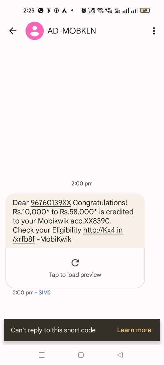 NikilKiran's tweet photo. today i got this message we are mobiwik you have credited 10000 to 58000 how it possible tell me @MobiKwikSWAT @MobiKwik @TSCSB_  iam coming fraid message like this every day https://t.co/rSK7xTIyCt