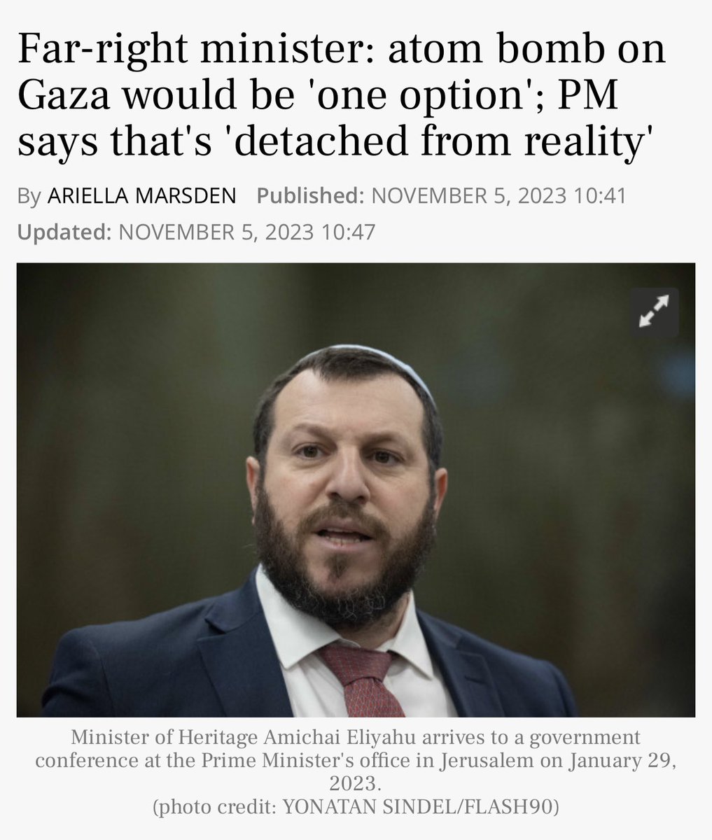 Hanine09's tweet photo. Israeli Heritage Minister is opting to nuke Gaza. 

Why is it detached from reality? Israel has already dropped 1.5 times the explosive force of Hiroshima on Gaza. 

What stops them from dropping a nuclear bomb on Gaza? 

Them victimizing themselves and claiming not having one? https://t.co/bAczGQY9rO