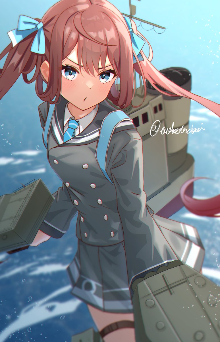 asagumo (kancolle) 1girl solo brown hair twintails long hair skirt grey skirt  illustration images
