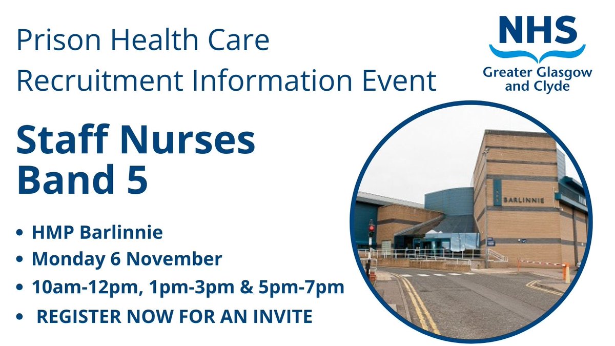 Recruitment Event - Prison Health Care Service We are recruiting Band 5 Staff Nurses. REGISTER NOW to express your interest in attending an invite-only event to learn more about rewarding job opportunities. More info: apply.jobs.scot.nhs.uk/Job/JobDetail?…