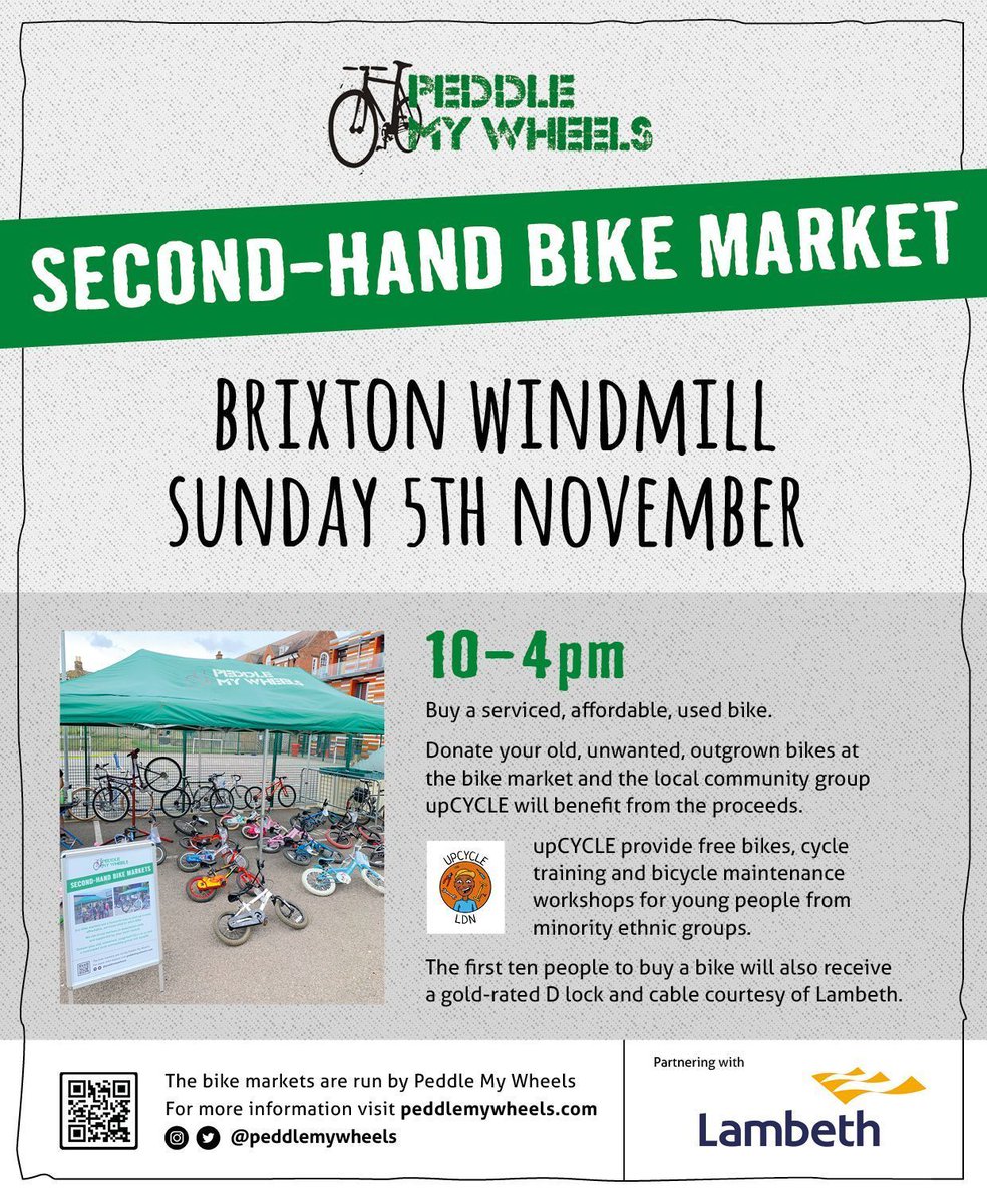 SECOND-HAND BIKE MARKET - TODAY Brixton Windmill - come along between 10am - 4pm. Buy a serviced, used bike at affordable prices. @lambeth_council #activetravel #cycling #environment #Lambeth #upcycle #recycle #bike #usedbike