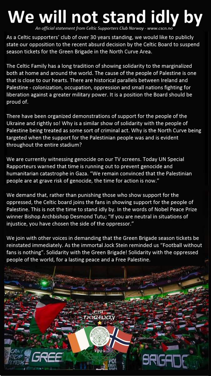 This is not the time to stand idly by. An official statment from CSCNorway #CelticFamily #FreePalestine #Gaza <a href="/NCCeltic/">North Curve Celtic</a> <a href="/TheCelticTrust/">Celtic Trust</a>
