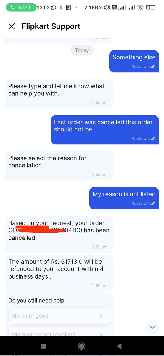 adharshmt's tweet photo. @Flipkart bot just completely got it wrong and cancelled my order. Now they're claiming seller cancelled it. It is very clear that the bot cancelled my order by mistake. This is the 4th time I'm ordering the same item. For the first cancellation I've paid 2000 extra. Now again. https://t.co/WxxxUklFUP