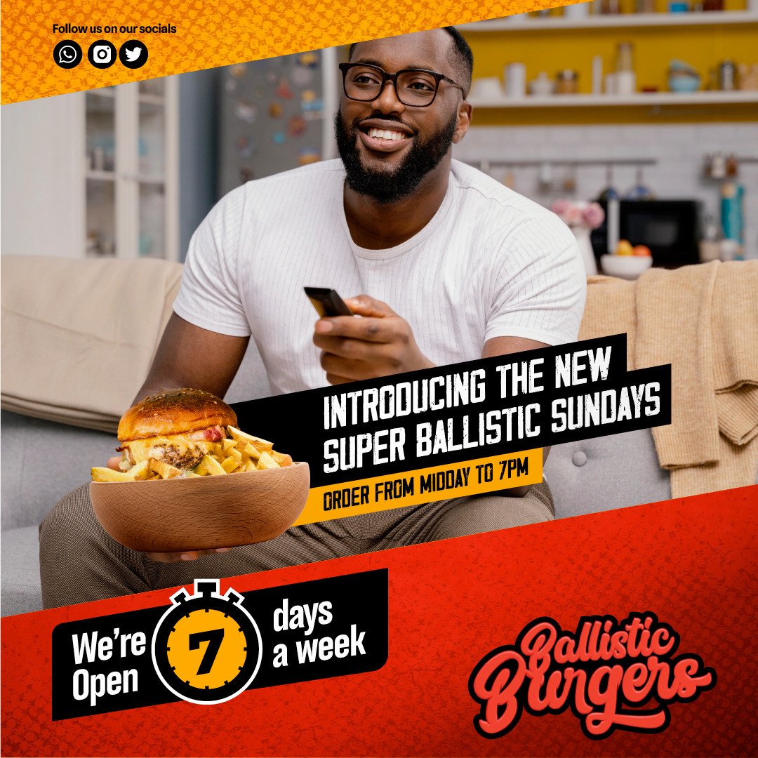 BallisticBurger's tweet photo. Today is officially THE DAY! Our first Sunday at your service. See you from Midday to 7:00PM. Your taste buds will thank you 🍔+🍟=😋😋 #BallisticSundays #BurgerTime https://t.co/afs4gYRWLg
