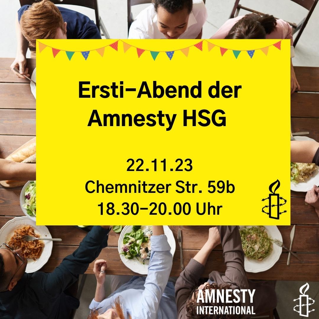 Neu in #Dresden? Oder nur neugierig? Am 22.11. laden wir euch zum alljährlichen Erstie-Abend ein - nicht nur für Studis! Bei Snacks und Getränken zeigen wir euch, wie wir als Gruppe #Menschenrechte verteidigen. 
Wir freuen uns auf euch! 💛😇