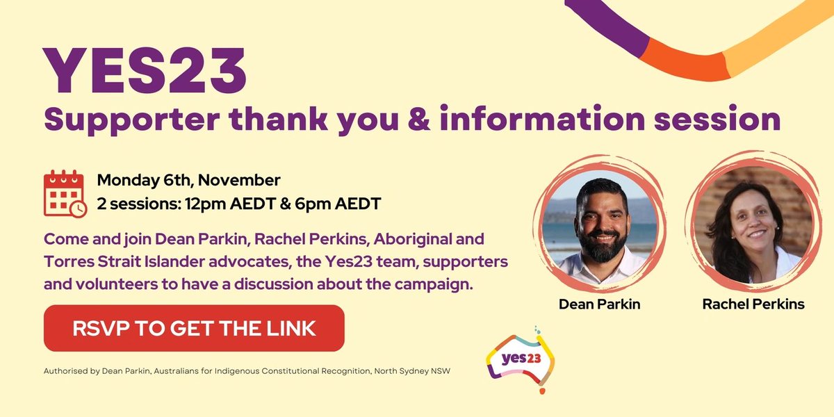 Looking forward to this 

<a href="/yes23au/">The National Gathering</a> supporter thank you and online information session - options of Monday 12noon or 6pm AEDT
events.humanitix.com/yes23-thankyou