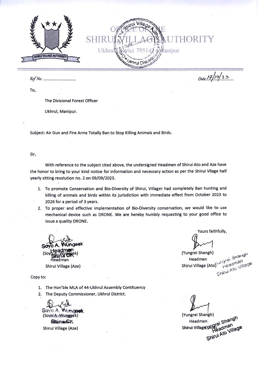 For the first time in Manipur, the people of Shirui village have decided to completely ban the hunting and killing of animals and birds within their jurisdiction.
It is a remarkable step towards the conservation of biodiversity and the protection of our precious wildlife.

I