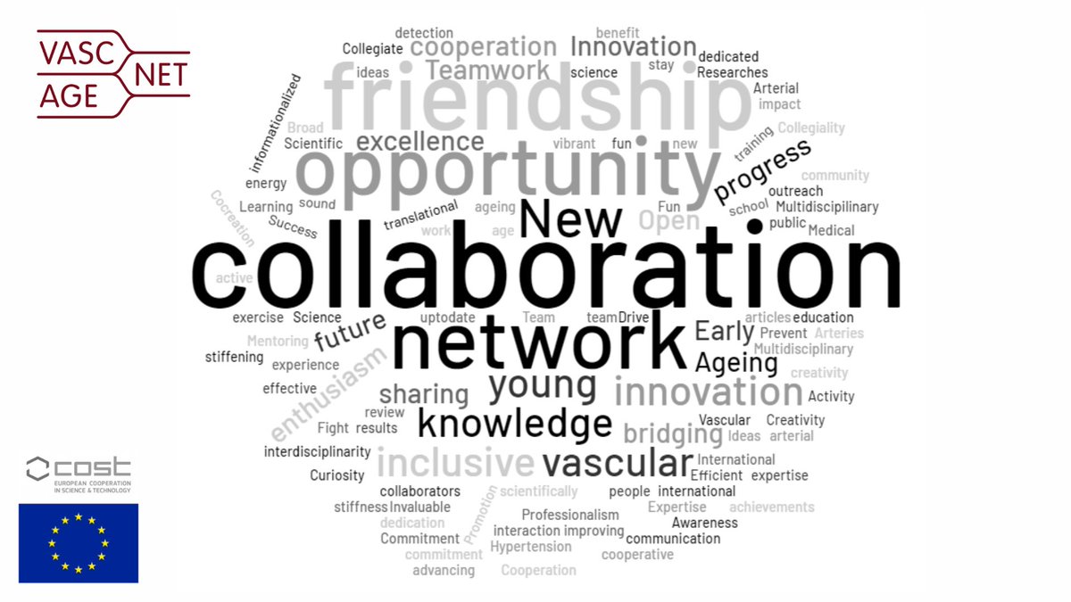 Today marks 4 years of @COSTprogramme #VascAgeNet This word cloud represents key words our amazing members associate with us-a beautiful reflection of our shared values and goals! Thank you all for your dedication. Here’s to many more years of #collaboration and #friendship.