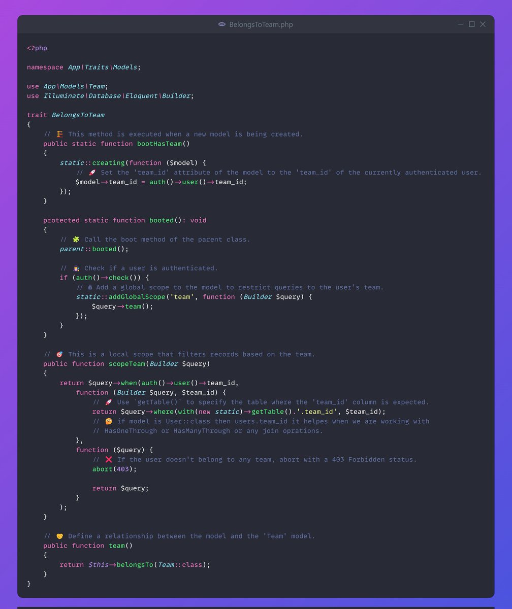MrPunyapal's tweet image. ⚙️ #LaravelTip: Elevate your team-based access control game with the &apos;BelongsToTeam&apos; trait! 🛡️

✅ Seamlessly tie records to user&apos;s teams
✅ Apply global &amp;amp; local scopes for precise data filtering
✅ Streamline team relationships

Empower your #Laravel app&apos;s team management! 💪🥂