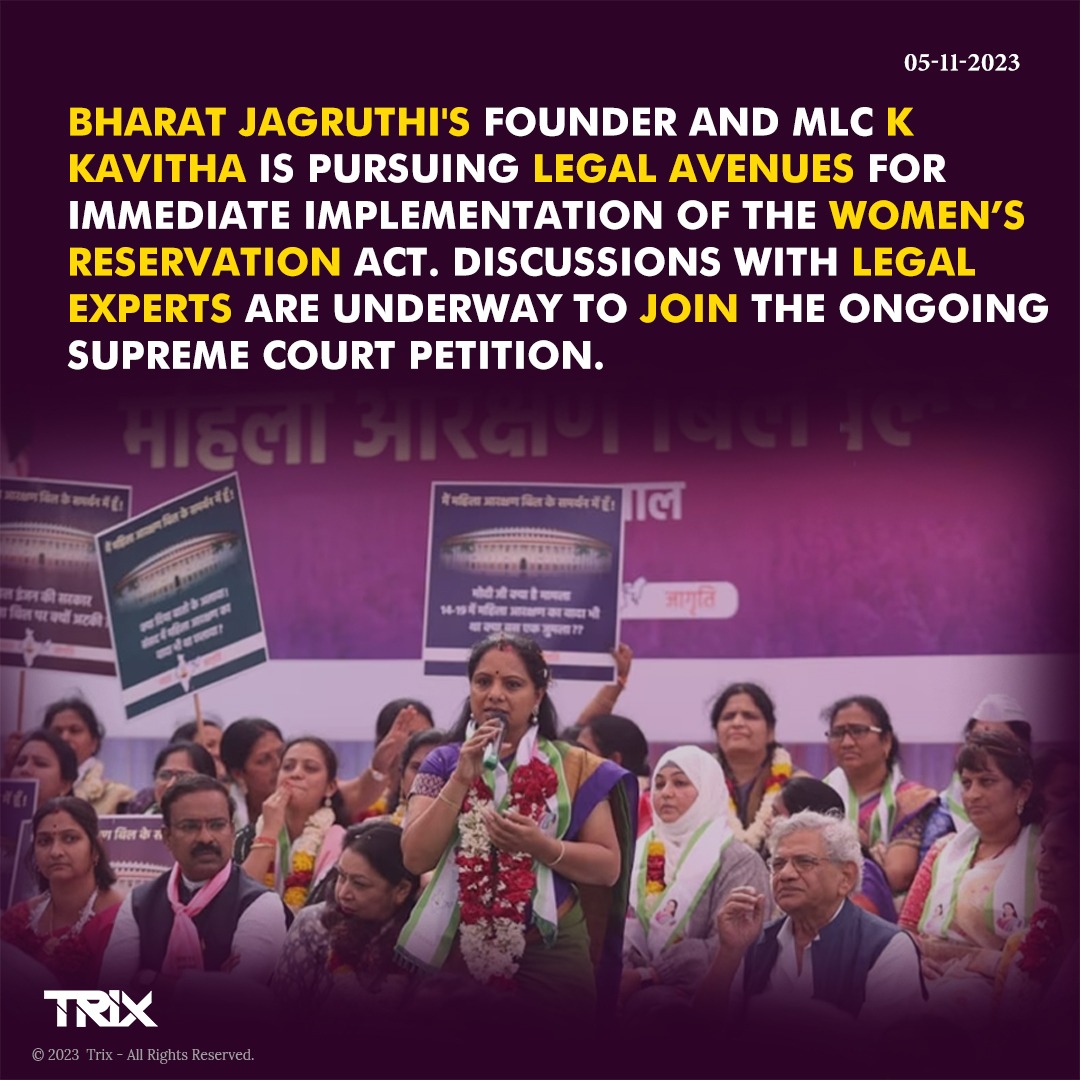 'K Kavitha Pushes for Immediate Implementation of Women’s Reservation Act, Seeks Legal Support'

#KKavitha #BharatJagruthi #WomenReservationAct #SupremeCourtPetition #GenderEquality #LegalAvenues #PoliticalAdvocacy #trixindia