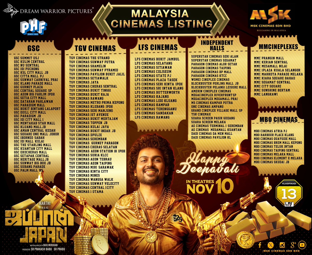 mskcinemas's tweet photo. We're Super Excited to present the Official Cinemas Listing for ஜப்பான் #Japan - Made in India 🇮🇳   arriving in Malaysia, firing this Deepavali 2023 🧨 🧨
In Theatres from Nov 10th!

Unmasking the enigmatic world of #Japan💥 Deepavali Treat Awaits🔥

Malaysia Release by @official_mskcinemas @saradha_sivalingam_kalai @mskalai_msk

Follow us on our Social Networks 🤗
FB: https://t.co/hCcArMUD0O
IG: https://t.co/OziAnJZrnl
Twitter X: https://t.co/g7ODSJue8r
Tik Tok: https://t.co/1EsFMhBmMz

@Karthi_Offl
@ItsAnuEmmanuel
@vagaiyaar
@ksravikumardir
 #Sunil 
@vijaymilton
@sanalaman
@gvprakash
@dop_ravivarman
@ActionAnlarasu
@philoedit
 #Banglan 
@YugabhaarathiYB
@Arunrajakamaraj
@PraveenRaja_Off
@Dir_Rajumurugan
@prabhu_sr
@saregamasouth

#JapanDiwali💥 #JapanFromNov10 #JapanFromDiwali 🧨 #Karthi25 #JapanMovie #JapanTeaserDay #karthi25 #japanthemovie 
#mskcinemas #ksmovie #2kstudios #pharfilms #dreamwarriorpictures #kollywood #tamilmovies #tamilfilms #besttamilfilms