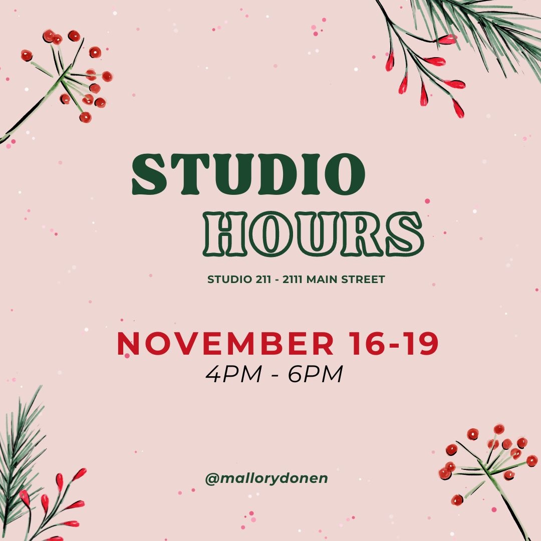 MalloryDonen's tweet photo. *HOLIDAY STUDIO HOURS*
I'll be opening my studio on a regular basis during November & December.
DM to schedule a private studio visit.
Hope to see you soon!
#mallorydonen #studiohours #artist #holidays #localartists #localart #art https://t.co/X5fmvPpxFo