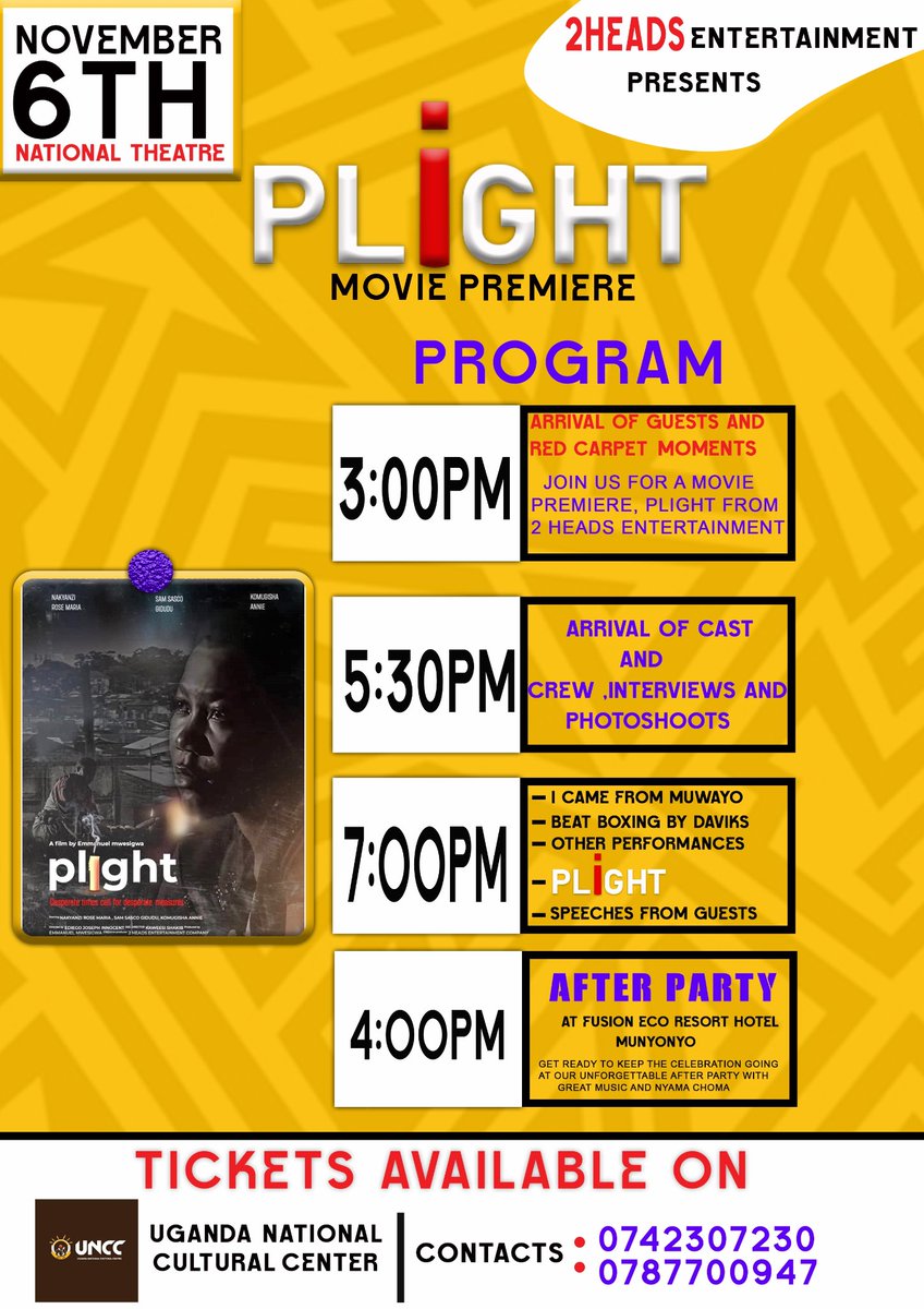 The final screening program for PLIGHT is out. Tomorrow at National Theatre Kampala 10k &amp; 30k. Let's GO!

#PLIGHT #UgandaFilms #UgFilms #trending #trendingNow <a href="/UNCC_UG/">Uganda National Cultural Centre</a> 
@2HeadEntertain1