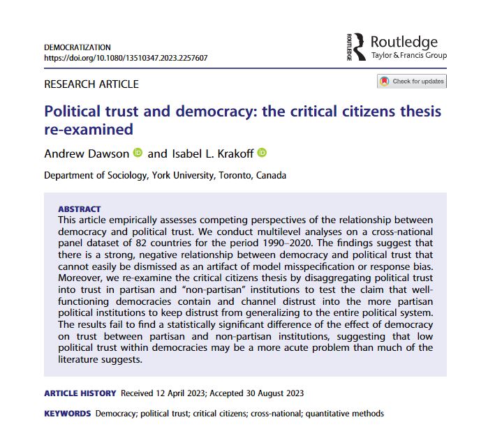 I. Krakoff & @AND_Dawson re-examine the critical citizens thesis. They show that the effect of democracy on political trust is the same for partisan + “non-partisan” institutions, suggesting that low trust in democracies is a problem. doi.org/10.1080/135103…