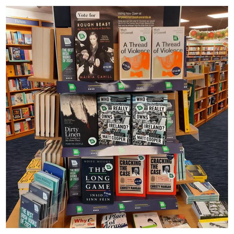 Thanks to #DubrayBlackrock for displaying the #Dubray Non-Fiction Book of The Year shortlist for the @AnPostIBAS. @AoifeMooreIRE @PenguinIEBooks @MartinDoyleIT @mrkocnnll @cahillbooks @grantabooks @MerrionPress @Gill_Books dubraybooks.ie/pp/an-post-iri…