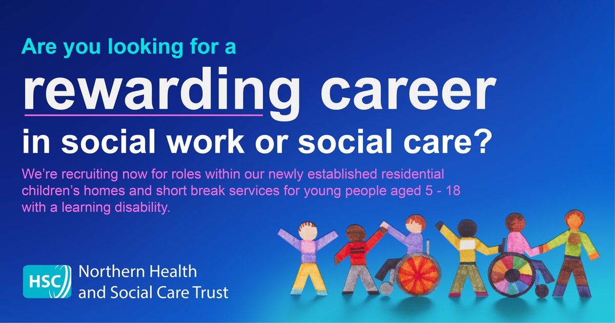 We are recruiting for Social Work roles in Ballymena & Coleraine within our newly established residential children’s homes and short breaks services for children/ young people with a learning disability (aged 5-18). Full details here: jobs.hscni.net/Job/31551/nhsc…