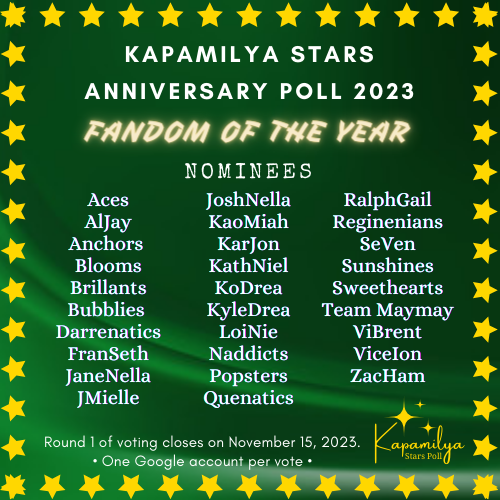 Do your best for your favorite love teams and fandoms. The Top 12 vote-getters for each award will advance to our semi-finals round.

Round 1 of voting closes on Nov. 15. 1 google account per vote!
Vote here: bit.ly/3mI62XS

#KapamilyaStarsPoll2023 💚✨