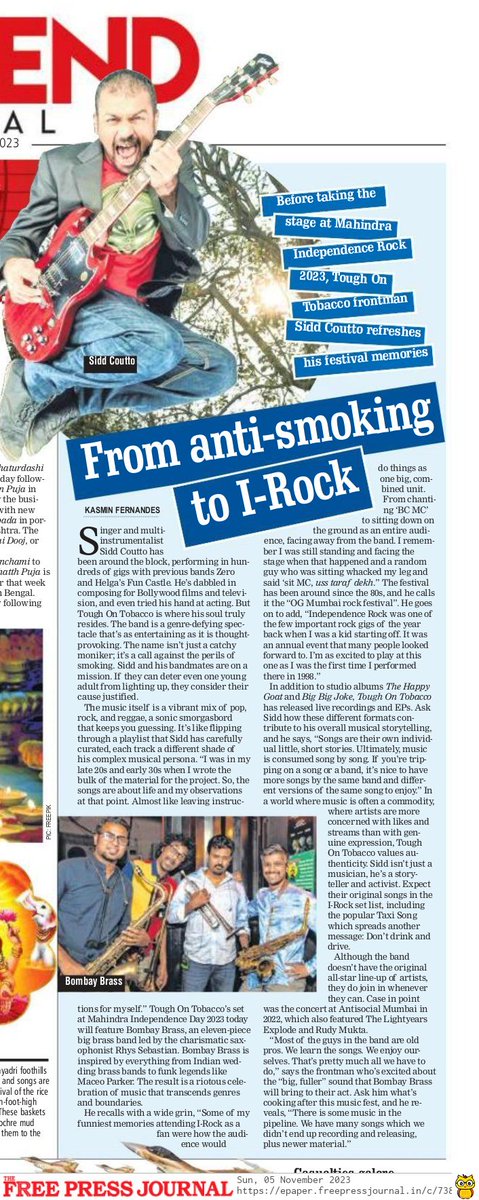 Free Press Journal (@fpjindia) on Twitter photo 'Independence Rock Was One Of The Few Important Rock Gigs Of The Year...': Tough On Tobacco frontman Sidd Coutto
✍️By <a href="/Kasmeos/">Kasmin Fernandes</a>
#FPJWeekend Full Article: freepressjournal.in/weekend/sidd-c… 'Independence Rock Was One Of The Few Important Rock Gigs Of The Year...': Tough On Tobacco frontman Sidd Coutto
✍️By <a href="/Kasmeos/">Kasmin Fernandes</a>
#FPJWeekend Full Article: freepressjournal.in/weekend/sidd-c…