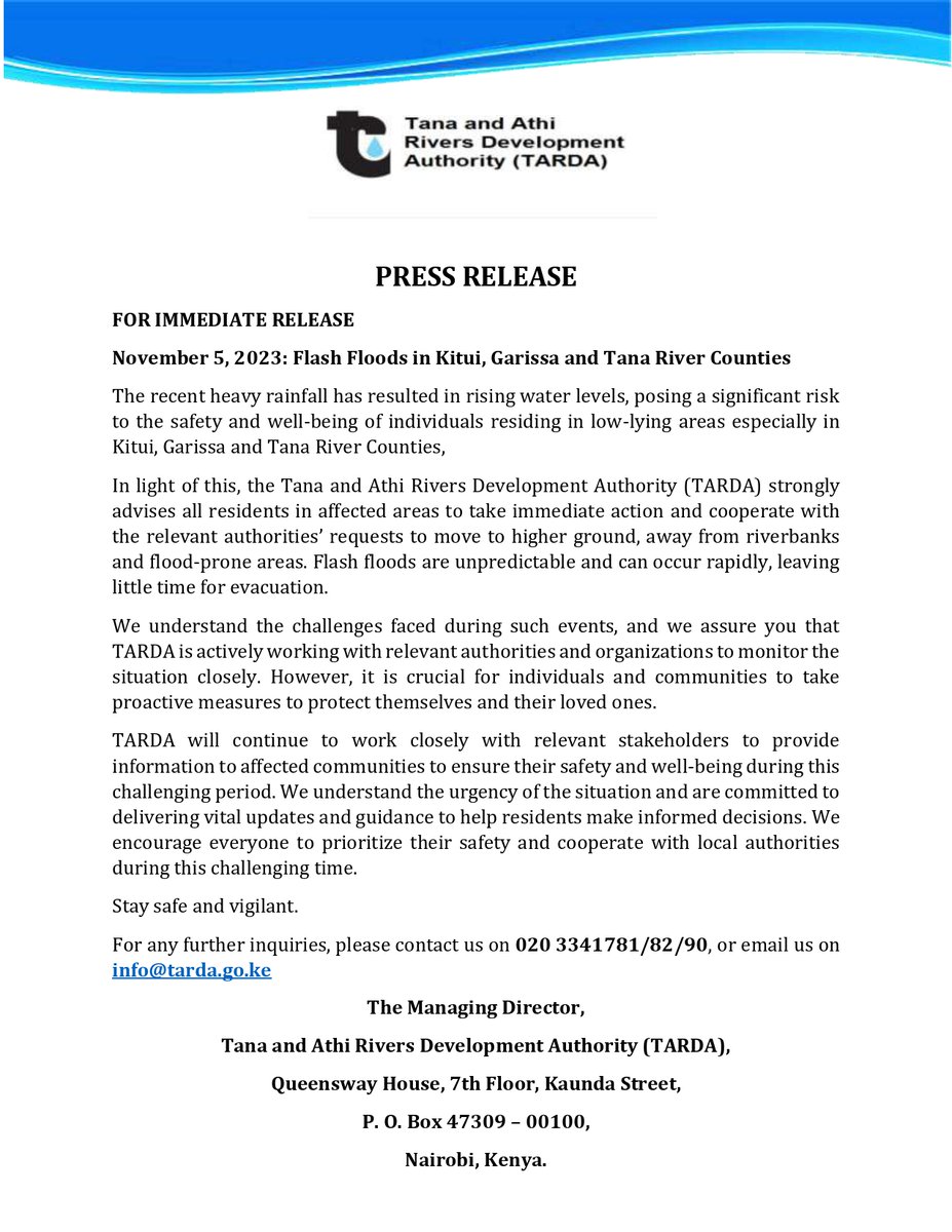 🚨PRESS RELEASE ON FLASH FLOODS IN KITUI, GARISSA AND TANA RIVER COUNTIES🚨
@MeteoKenya @EACAffairsKenya @peninah_malonza
@regional_dev @harsama_kello @TardaKE
@Roba_Liban_Duba @KVDA_ke @CoastDev @LBDAgov @Ewasonorth @ENSDAKE @NDMA_Kenya  @KituiCountyGovt @PressTana @Garissapress