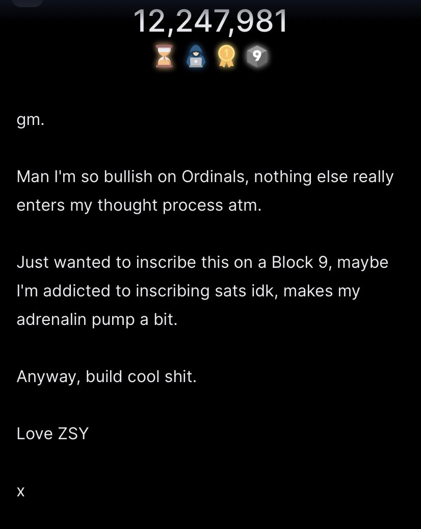 ZSY_Junglist's tweet image. gm from the first text inscription ever to exist on a block 9 sat 🫡🧡
—> ord.io/12247981