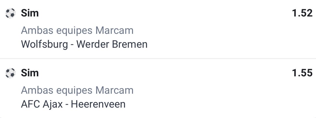 🚀 Dupla do dia 05.11

🏟️ Partidas:

🇩🇪Wolfsburg x Werder Bremen
🇳🇱 Ajax x Heerenveen

📊 Odd @ 2.35

💰 Investimento da Aposta: 1 unidade