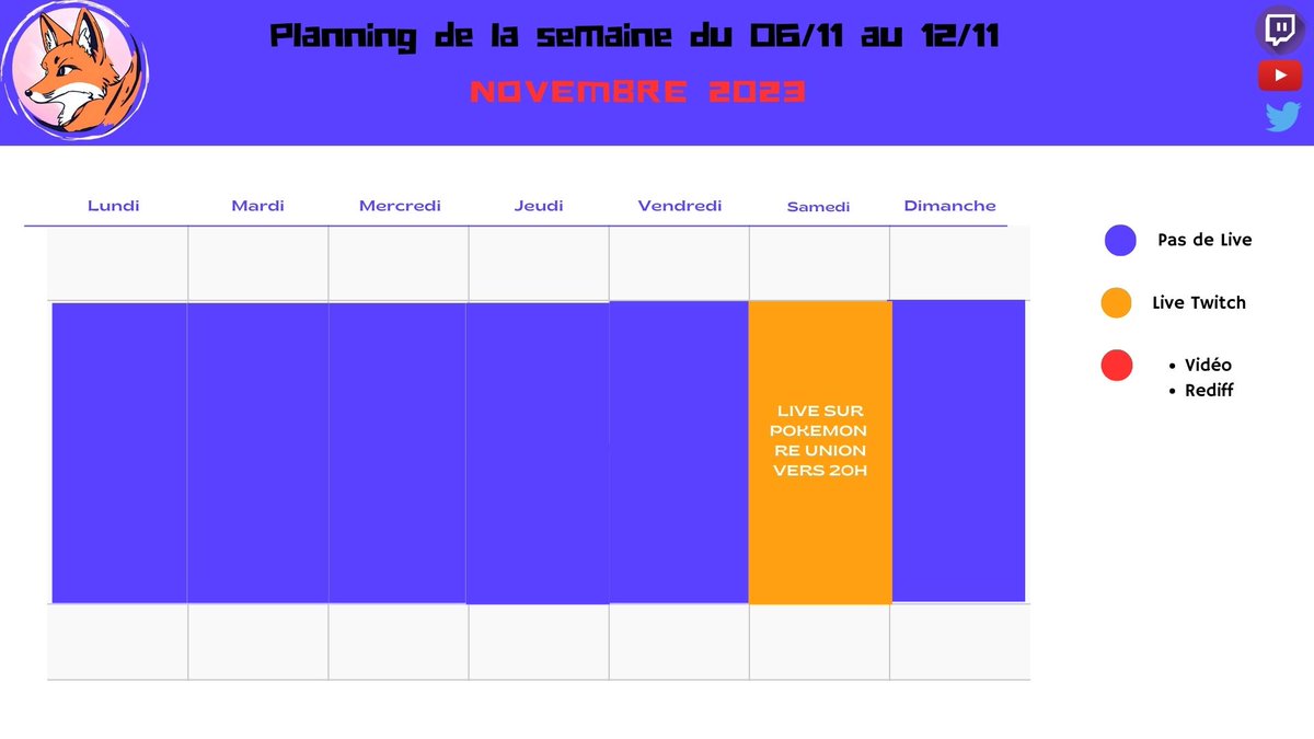 RimeKFoxM's tweet photo. Bonjour les amis, voici le planning pour la semaine qui arrive. Il n'y aura pas de Live mercredi mais vu que c'est férié bous aurez donc un live samedi.
Bonne semaine a vous les amis. https://t.co/NFSEbLhLqI