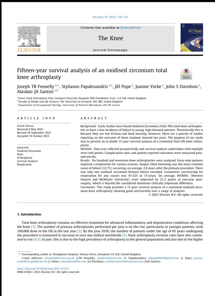 Congratulations to my fellow authors on our latest publication on the 15-year results of an oxidised zirconium total knee replacement