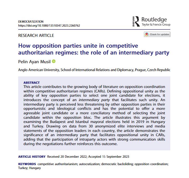 This article by @pelinamus introduces the concept of an 'intermediary party' that facilitates unity among key opposition parties to select a joint candidate for elections. Mayoral elections held in Hungary 🇭🇺 and Turkey 🇹🇷 illustrate this argument. doi.org/10.1080/135103…