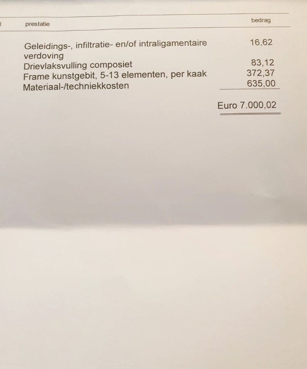 Dit is een kort bericht gericht aan onze bestuurders.

Zie hier (een gedeelte van) de begroting van een behandeling van het gebit van een patiënt van mij die nog geen 40 jaar oud is: 

7.000 euro - schoon aan de haak. Betaalt door de belastingbetaler.