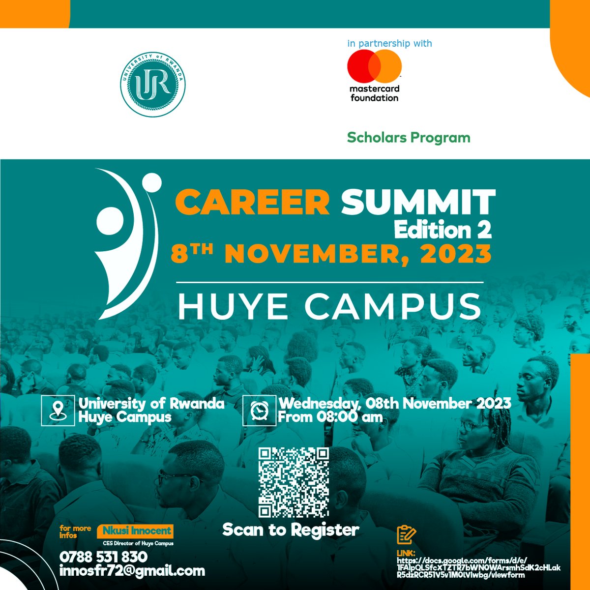 Exciting news! UR in partnership with Mastercard Foundation Scholars Program & other partners brings you #CareerSummit-2023 Edition 2; an event that promises to inspire students in their career choices
🗓️November 8, 2023;
📍#Huye Campus
Registration🔗: bit.ly/3NhEhBu