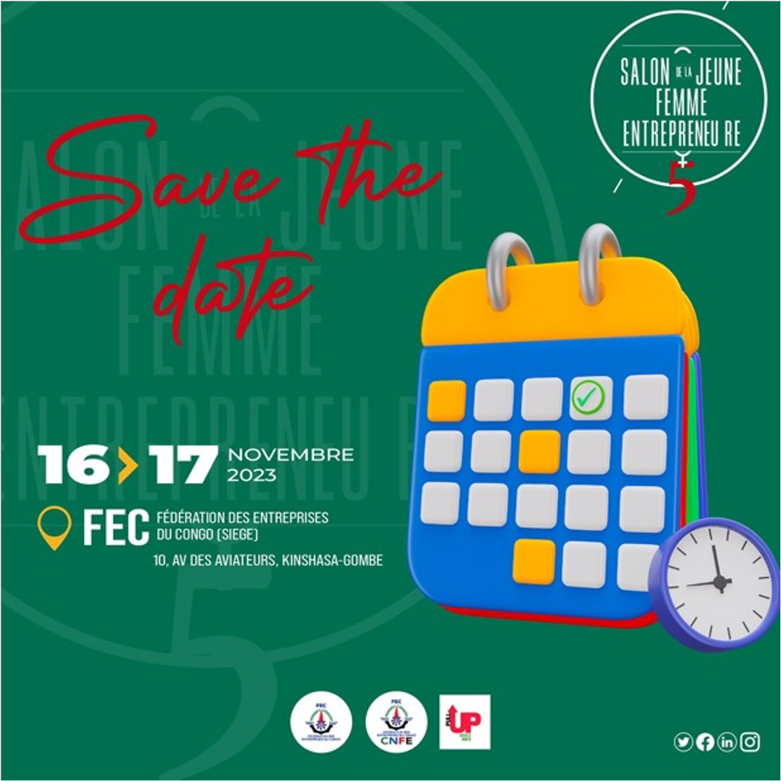 Incubateur Pull Up Business Women (@pullup_b) on Twitter photo A vos Agendas !
Réservez les dates du 16 et 17 novembre 2023 pour participer au 5ème salon de la jeune femme entrepreneur !
Lieu : Siège de la FEC (Fédération des entreprises du Congo
Heure : de 9h à 16h
#SJFE5 #OsezEntreprendre
<a href="/ElianeKiekie/">ELIANE MUNKENI KIEKIE</a> A vos Agendas !
Réservez les dates du 16 et 17 novembre 2023 pour participer au 5ème salon de la jeune femme entrepreneur !
Lieu : Siège de la FEC (Fédération des entreprises du Congo
Heure : de 9h à 16h
#SJFE5 #OsezEntreprendre
<a href="/ElianeKiekie/">ELIANE MUNKENI KIEKIE</a>