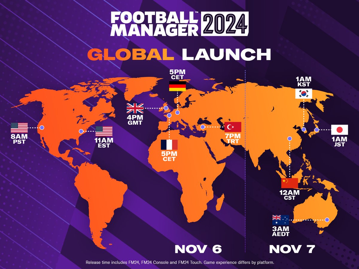 Counting down to #FM24 🤩 A snapshot of our launch timings across the world 🌍 With #FM24Mobile due to go-live one hour later, globally.