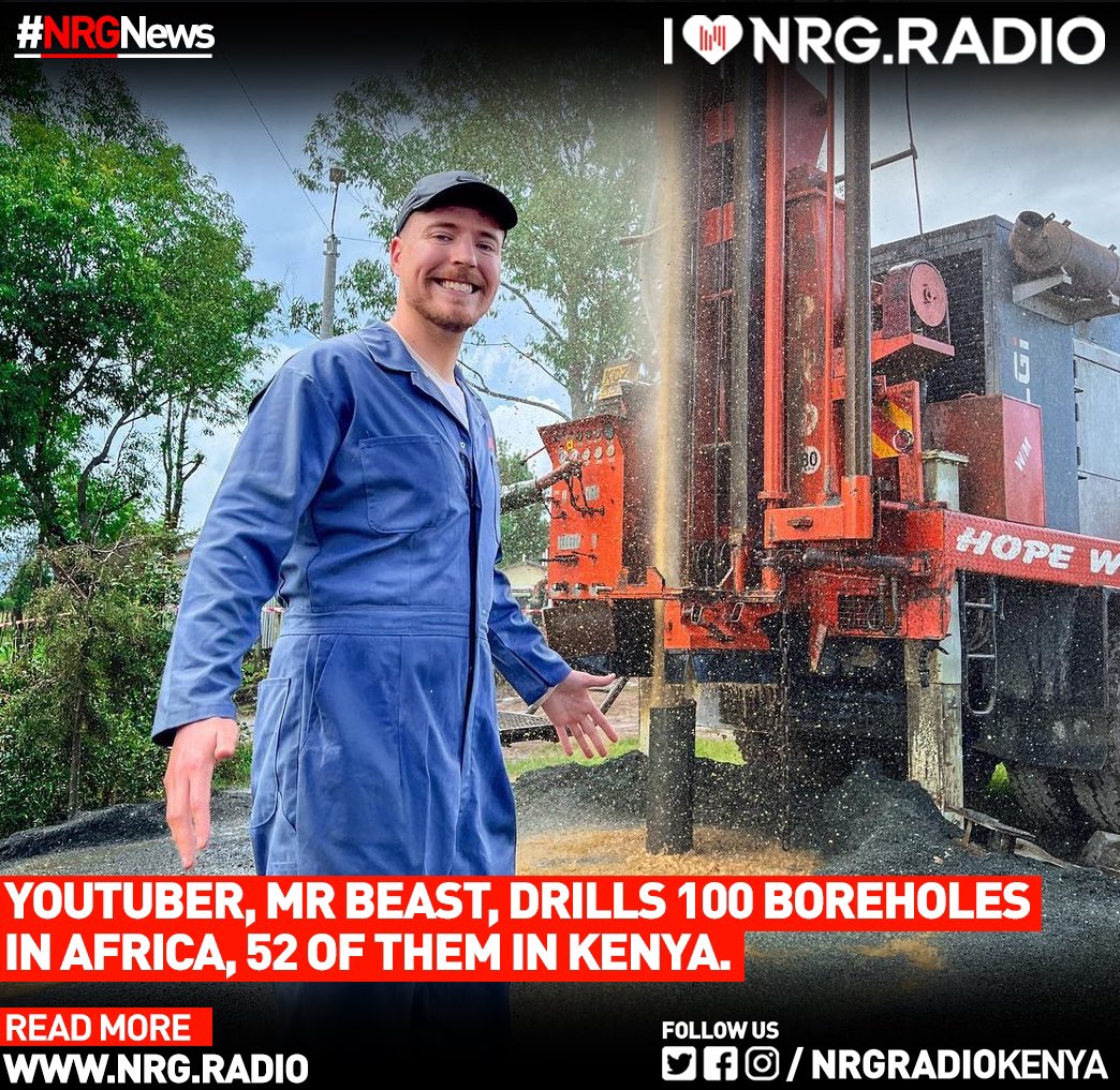 NRGRadioKenya's tweet photo. In a video shared on his YouTube channel, Mr Beast said the 100 wells he is building are going to give half a million people access to fresh drinking water. 

Among the areas he has built a well include Nairiri in Meru County. #NRGNews #MrBeast #NRGRadioKenya https://t.co/FSv53xK0aP