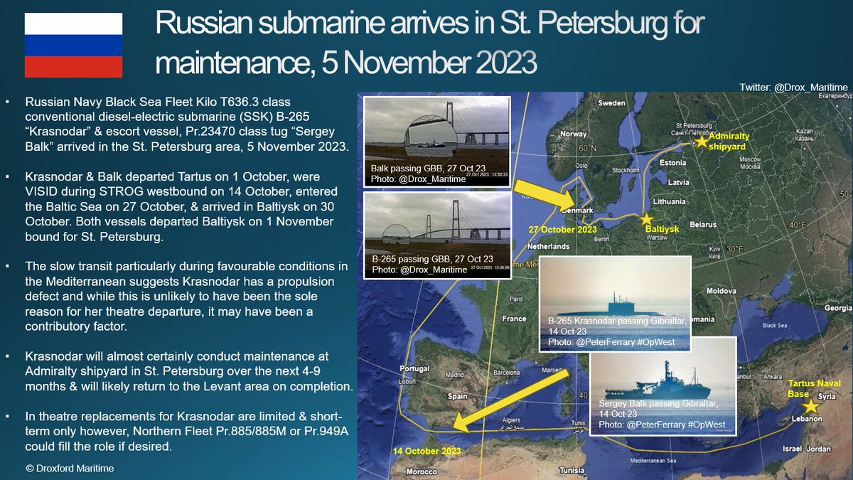 OOA activity - Update

Black Sea Fleet Kilo Krasnodar completed 36-day transit from Tartus to St. Petersburg, 5 November 2023. 

Maintenance will likely take ~4-9 months. 
#SubSunday