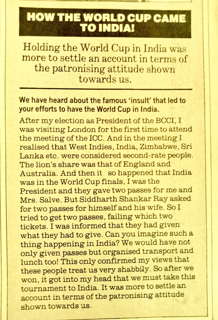 1990 :: Former BCCI President N.K.P. Salve In an Interview With Sportsworld Tells @AmritMathur1 The Reason Why India Decided to Bid for 1987 Cricket World Cup