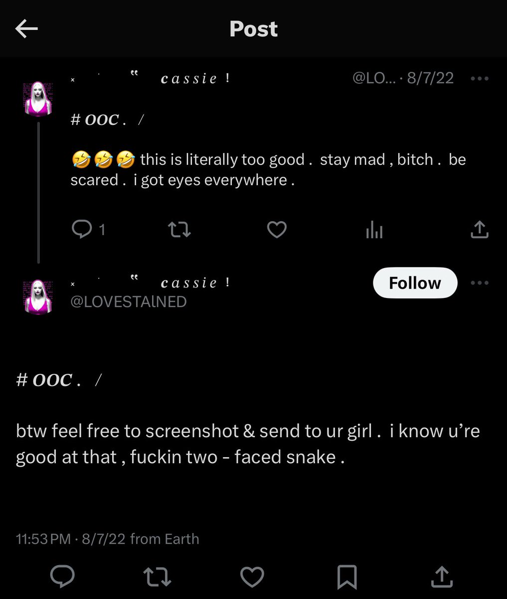 / TW!!

Beware of this writer. She has minions everywhere, telling people to unalive themselves and is problematically sick (we have screens).

She's a bully and male ooc writer obsessed, according to a reliable resource.

I've RT'd some posts related to this issue.

🤍